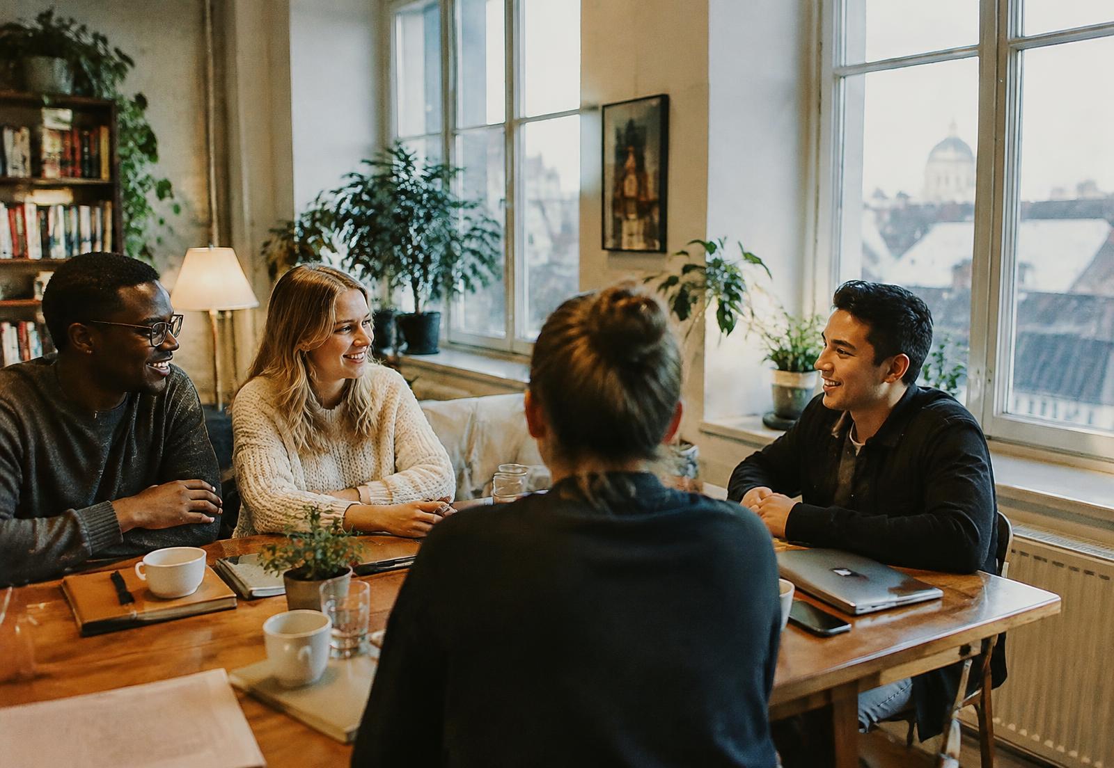 Founderside members talking around a table